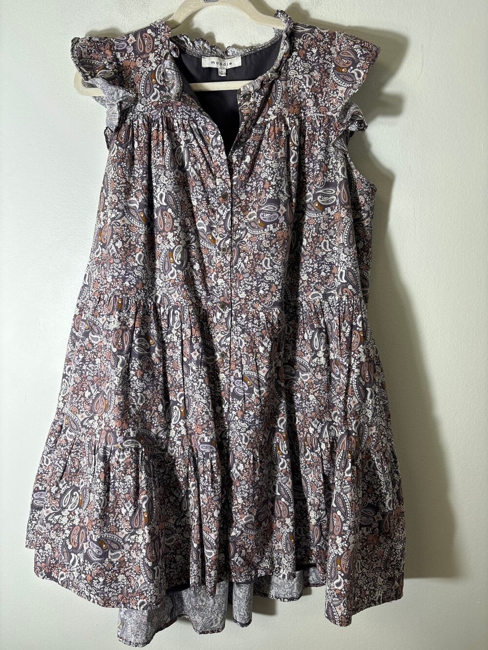 Moodie Brown Paisley and Floral Tiered Flutter Sleeve Dress Sz M